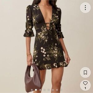 Reformation Gold Puff Sleeve Mini Dress